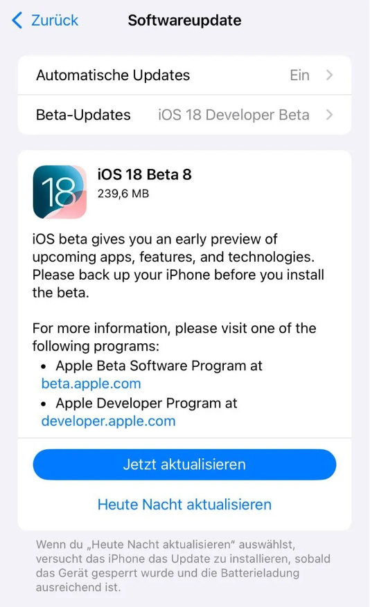 嘉善苹果手机维修分享苹果 iOS / iPadOS 18 开发者预览版 Beta 8 发布 